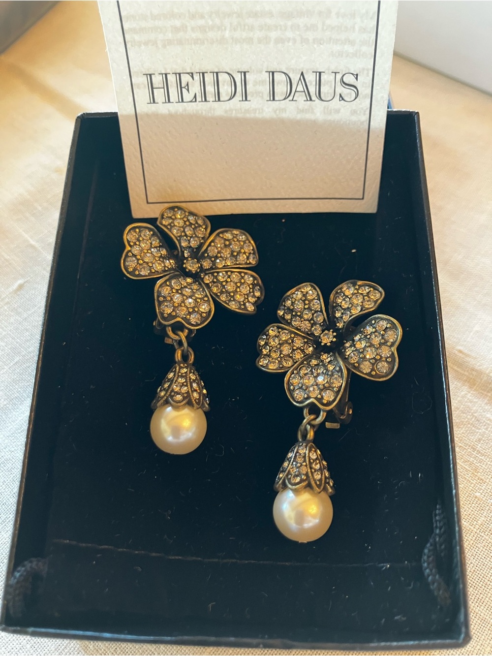 Heidi Daus Gold-Tone Crystal Flower Drop Earrings with Pearl Pendants